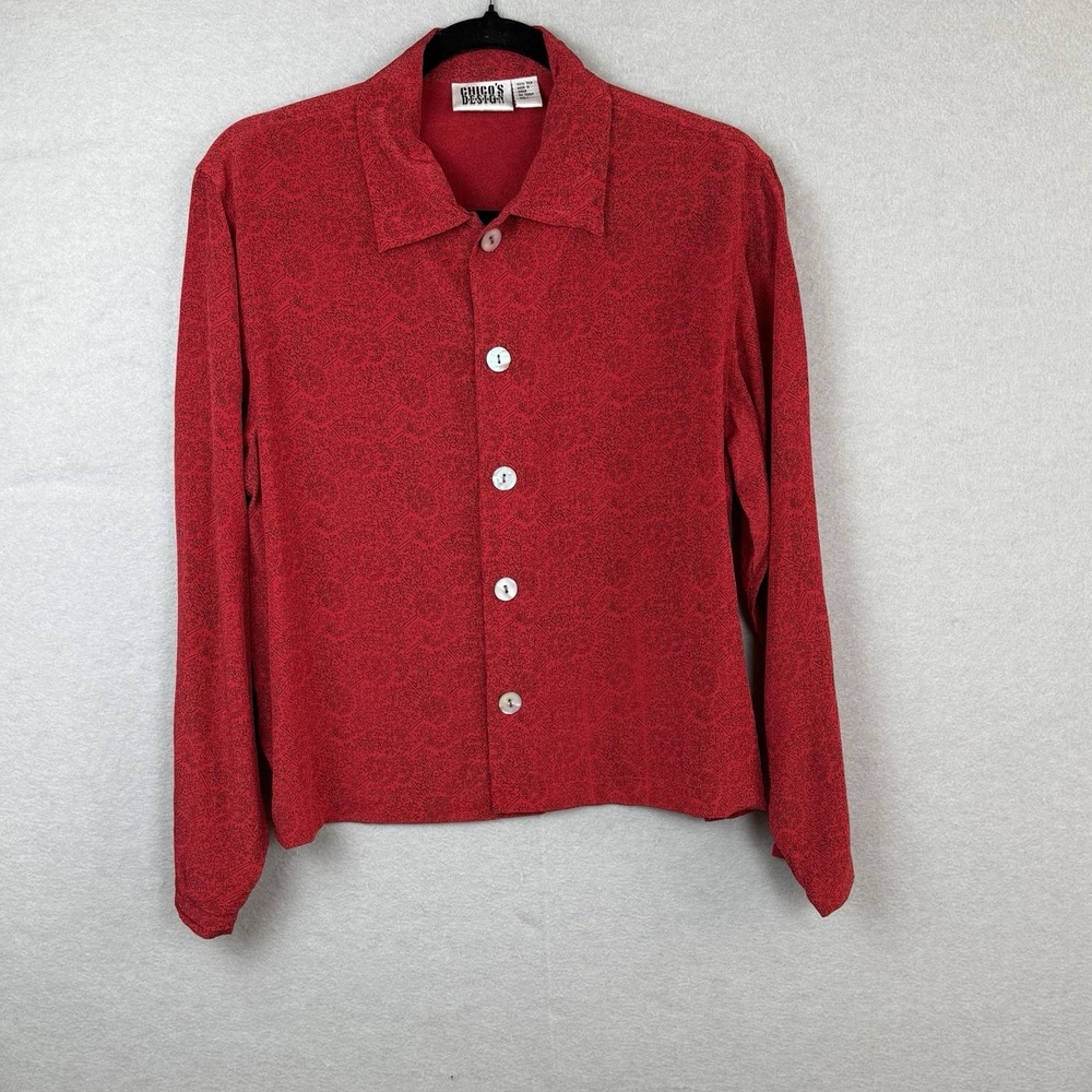 Vtg Chico's 100% Silk Women's Sz 1 (M) Red Black Floral Button‎ Up Long Sleeve